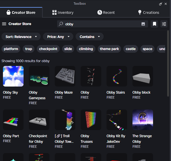 Пример панели Toolbox